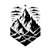 A stylized, hexagonal mountain landscape with jagged peaks, clouds, stars, and a guiding star, rendered in bold black and white, creating a sense of adventure and the sublime. vector