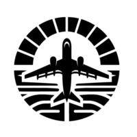 Silhouetted jet aircraft centered within a circular emblem, showcasing a stylized of flight and travel in bold black and white. vector