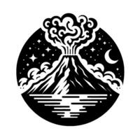 Volcanic Eruption Under a Starry Night Sky A Black and White Silhouette within a Circular Frame, Reflecting in Still Waters. vector