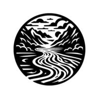 Serene black and white circular landscape with stylized mountains, river, clouds, and sun, creating a clean, minimalist aesthetic. vector