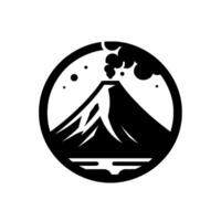 Stylized black and white emblem depicting a volcanic mountain erupting within a circular frame, surrounded by floating elements suggestive of a celestial or atmospheric context. vector
