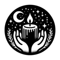 Illuminated candle held by hands within a starry night sky, enclosed in a circular black and white evoking mystical elements. vector