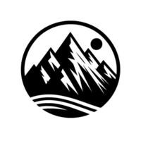 Monochromatic mountain range within a circle jagged peaks, sun, and horizontal lines, simple . vector