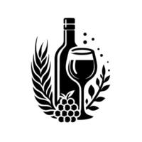 Elegant Black and White Wine Bottle, Glass, Grapes, and Wheat in Minimalist Composition. vector