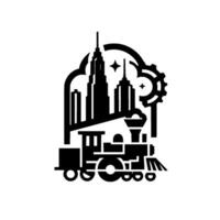 A stylized, black and white illustration featuring a steam train traveling towards a futuristic cityscape with gears and stars, on white background. vector
