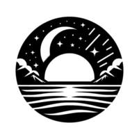 Celestial Circle A black and white illustration of a crescent moon, stars, mountains, and a sea horizon within a circular frame, evoking a sense of serene night. vector
