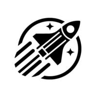 Black and White Rocket with Motion Trails and Star Details, Within a Circular Frame. vector