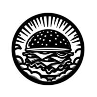 Monochrome Burger Emblem A stylized black and white of a juicy burger within a circular frame, radiating lines and cloud details. vector