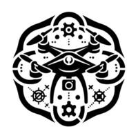 Stylized Drone with Gears and Geometric Accents, A Black and White Illustration Centered on a White Background. vector