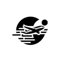 Bold Black and White Aviation Airplane Soaring Through a Circular Background with Sun, Stylized Flight Trail. vector