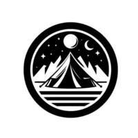 A circular monochrome emblem showcasing a tent under a moonlit, starstudded night sky, with mountain silhouettes and water at the base. vector