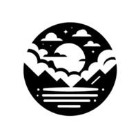 Black and White Circular Illustration Mountain range, clouds, stars, and moon reflected in the calm water, minimalist . vector