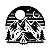 Stylized monochrome camping scene a tent under mountains, moon, stars, and campfire, contained within a semicircular frame. vector