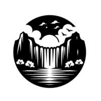 Minimalist Black and White Silhouette of a Waterfall Between Mountains, with Birds, Clouds, a Sunlike Shape, and Trees in a Circular Composition. vector