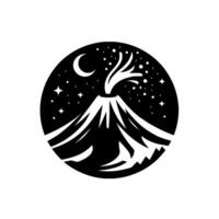 Black and white circular volcanic mountain erupting with smoke sparks under a crescent moon stars in a night sky. vector