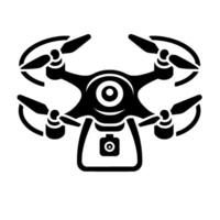 Highangle, symmetrical black drone illustration with propellers, camera, and reflection, centered on a white background. vector