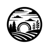 A circular black and white landscape silhouette featuring trees, fields, clouds, and a stylized arch in an outdoor scene. vector