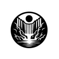 Circular Monochrome Illustration Scenic Waterfall cascading into a serene pool between towering cliffs, with a sun at the top. vector