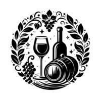 Elegant Black and White Wine Grapes, Barrel, Bottle, and Glass in a Laurel Wreath, Stylized for Wine Culture. vector