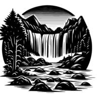 Black and White Engraved Waterfall Scene Mountains, Trees, and Rocks within a Circular Frame. vector