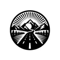 Stylized black and white circular emblem depicting a winding road through a mountain range with sun rays, trees, and minimalist aesthetic. vector