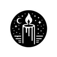 A stylized black and white illustration of a candle burning under a crescent moon and starry night sky, enclosed in a circular frame. vector