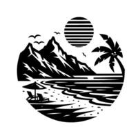 Minimalist Beach Scene in Black and White Mountains, Sun, Palm Tree, Beach Chairs, Birds, Waves, within a circle frame. vector