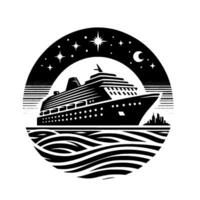 Black and white illustration of a cruise ship sailing on the sea under a starry night sky, with a crescent moon and distant cityscape within a circular frame. vector