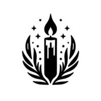 Black and white stylized illustration of a lit candle encircled by foliage and celestial accents. vector