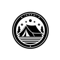 Minimalist Black and White Camping Badge featuring a Tent, Trees, Stars and a Moon in a Circular Crest . vector