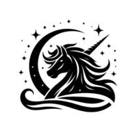 Majestic black unicorn head silhouette with flowing mane, crescent moon, and starry cosmos elements in a minimalist on a white background. vector