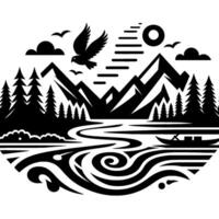 A stylized black and white landscape illustration featuring a soaring eagle over a river, mountains, trees, clouds, a boat and the sun. vector