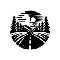 Black and white minimalist circular illustration of a winding road through a mountain landscape, with pine trees, and a sun or moon. vector
