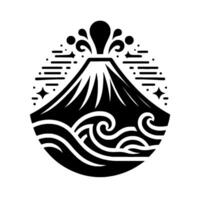 Black and White stylized Japaneseinspired illustration of a volcano erupting over stylized ocean waves, with dotted star and linelike accents, all contained within a circular border. vector