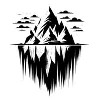 A dramatic, symmetrical, black and white illustration of an iceberg, mountain, ship, and clouds reflecting in the water, showcasing the hidden depths. vector