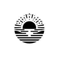 Minimalist black and white sunrise over ocean, encapsulated in circular with starburst and horizon lines. vector
