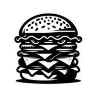 Stylized Black and White Illustration of a Massive, MultiLayered Hamburger with Seeded Bun, Cheese, and All the Fixings. vector