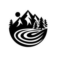 Black white nature scene Mountain silhouette, pine trees, stylized water waves, and a sun set in a circular . vector