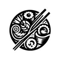Stylized Black and White Circular Featuring Floral and Leaf Elements Intersected by Chopsticks, Abstract Composition. vector