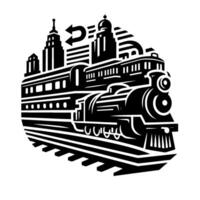 Vintagestyle black and white illustration a steam train and carriage travels past skyscrapers and city structures. vector