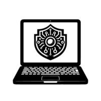 Black White Laptop Displaying Digital Security Shield , Representing Cyber Protection Against Threats. vector