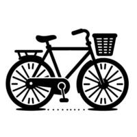 Black and white illustration of a classic bicycle with a front basket and rear carrier against a white background. vector