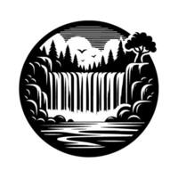 Circular black and white nature scene a cascading waterfall framed by rocks, pine trees, mountains, birds, and a tree, evoking serenity. vector