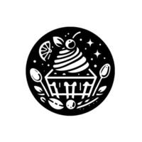 Decorative black and white circular featuring a stylized cupcake with cherries, spoons, lemon slice, and leaves against a starry background. vector