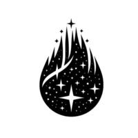 Abstract Black and White Celestial Teardrop Starry Night with Sharp, Pointed Edges and Flowing Curves, Isolated on White. vector