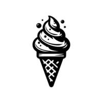 Stylized Black and White Ice Cream Cone with Swirls, Toppings, and Detailed Waffle Cone on a White Background. vector