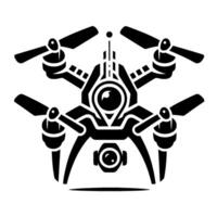 A symmetrical black and white illustration of a modern quadcopter drone, showcasing detailed and technical elements. vector
