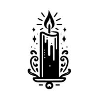 Elegant Black and White Illustration of a Lit Candle with Ornate Base and Decorative Stars, Emphasizing Light and Mystery. vector