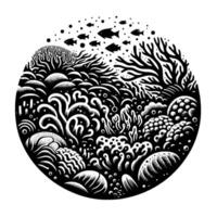 Intricate Black and White Circular Illustration of a Vibrant Coral Reef Ecosystem, Complete with Schools of Fish. vector