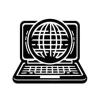 Black and White Laptop with Stylized Globe Displaying Global Connectivity and Internet Access, Minimalist . vector